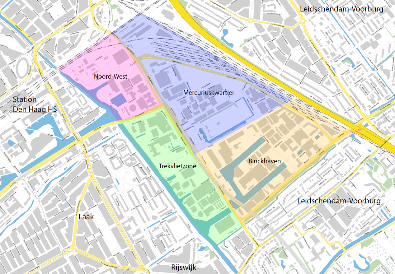 Kaart met de deelgebieden in de Binckhorst. Van links naar rechts: Noord-West, Mercuriuskwartier, Binckhaven, Trekvlietzone.